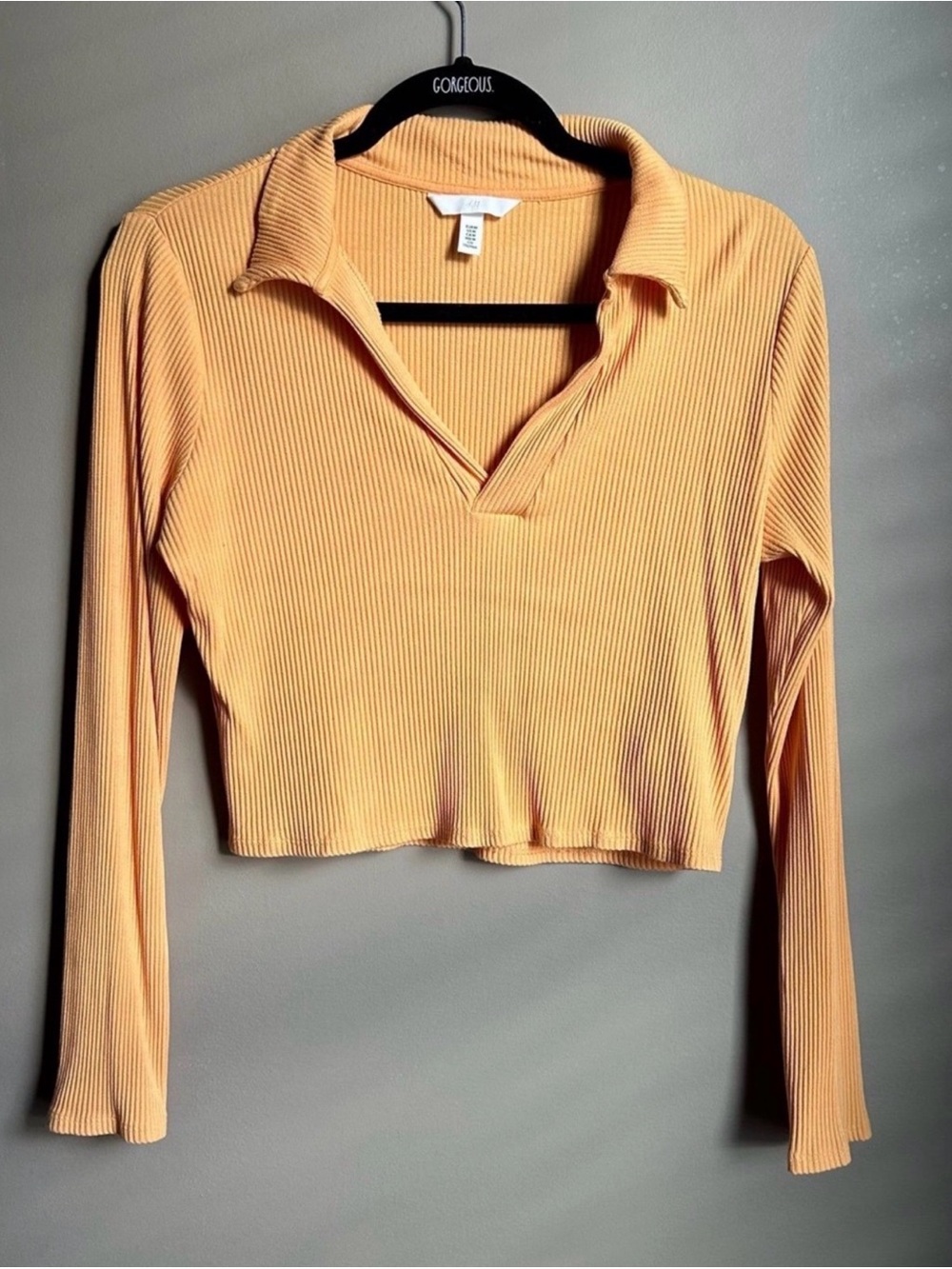 H&M Ribbed Long Sleeve Polo Crop Top Size Medium